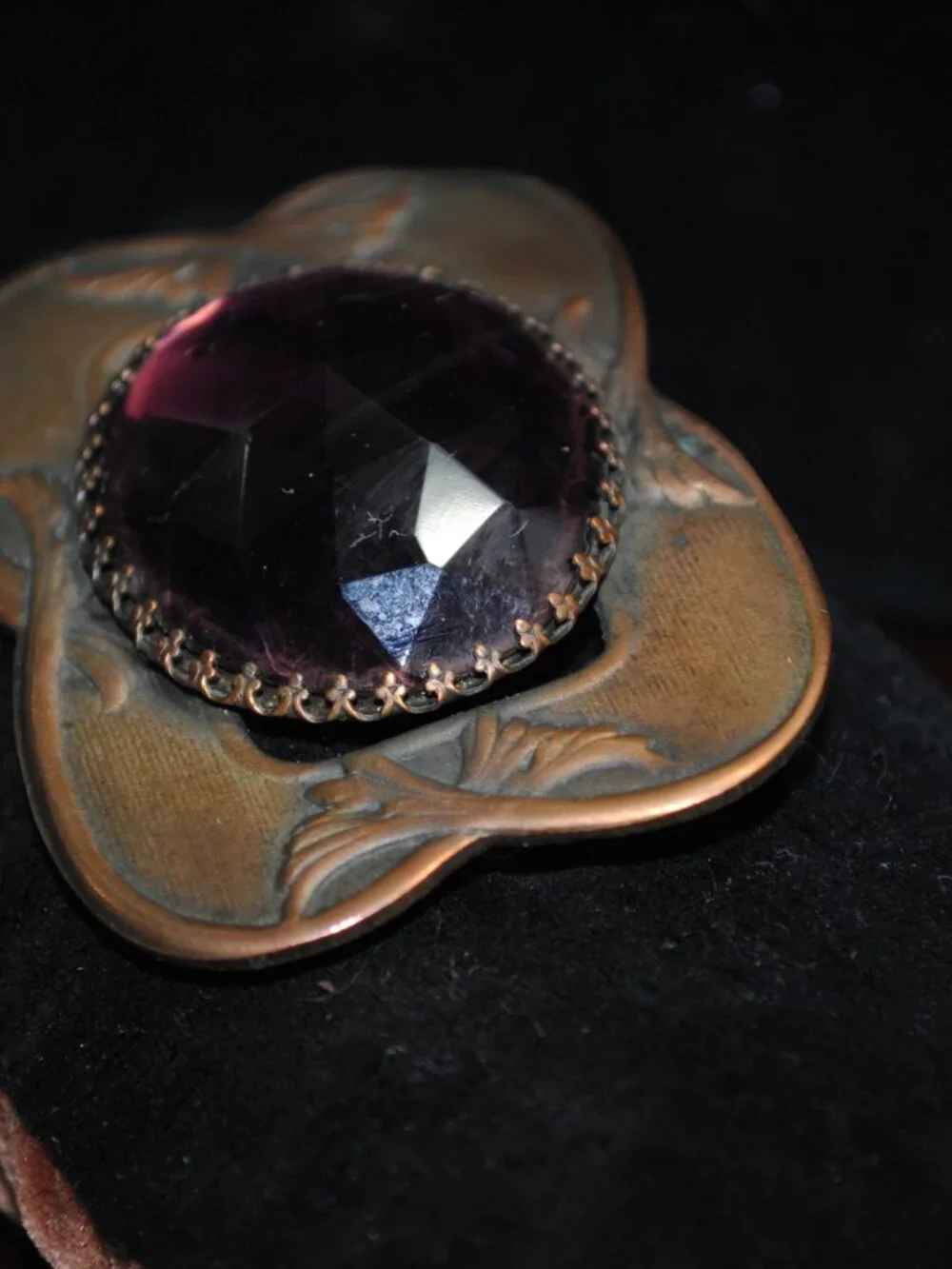 Antique Art Nouveau Sash Pin / Brooch with Foil Back Amethyst Glass